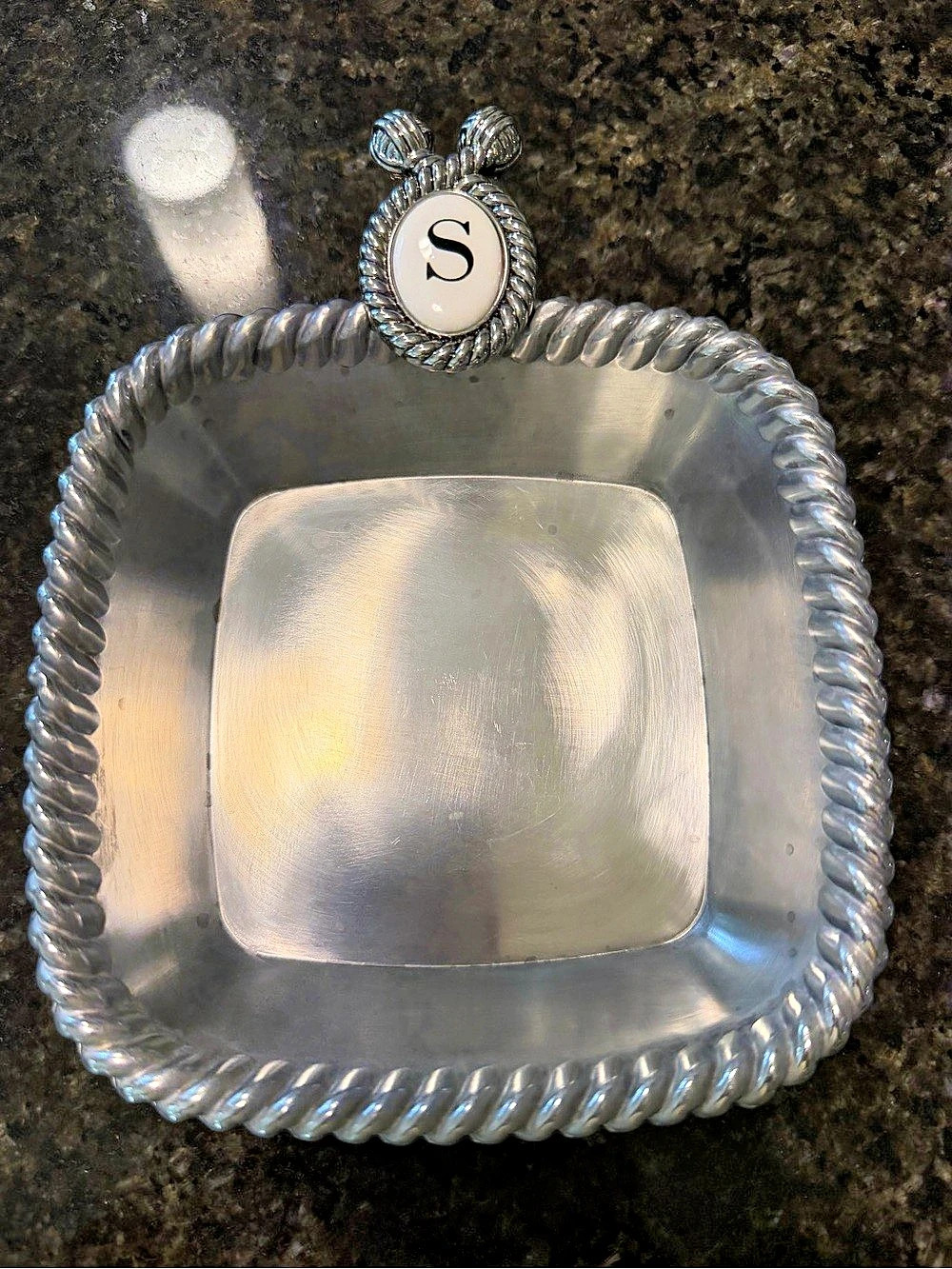 Mud Pie Square Metal Serving Tray Silver Monogram "S" Metallic Finish 2009